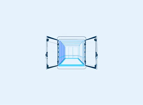 Step illustration: an empty moving truck seen from the rear with both doors open.