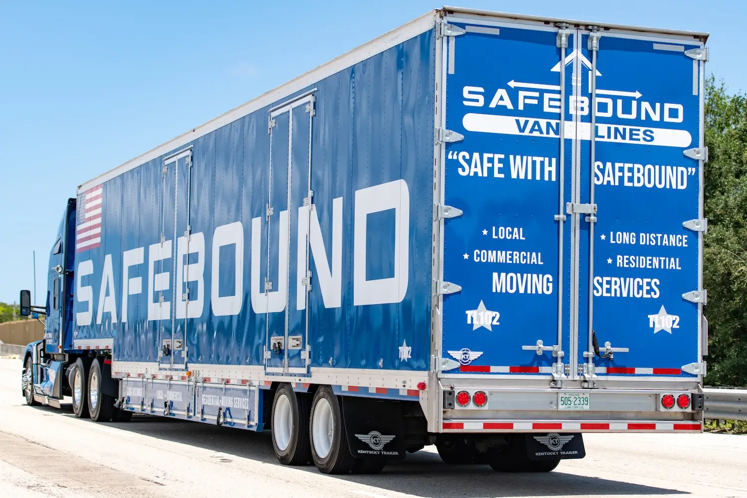 Branded Safebound 53-foot tractor-trailer traveling on a nationwide long-distance route